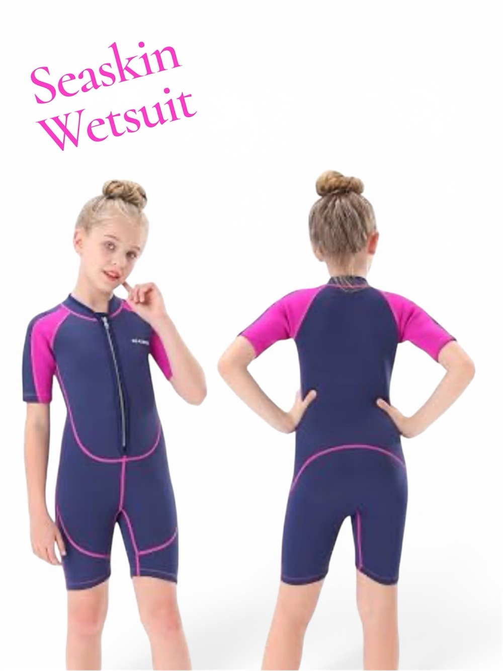🩷Girls Seaskin Short Sleeve Wetsuit Swim Wear - Sz 3- Navy & Hot Pink